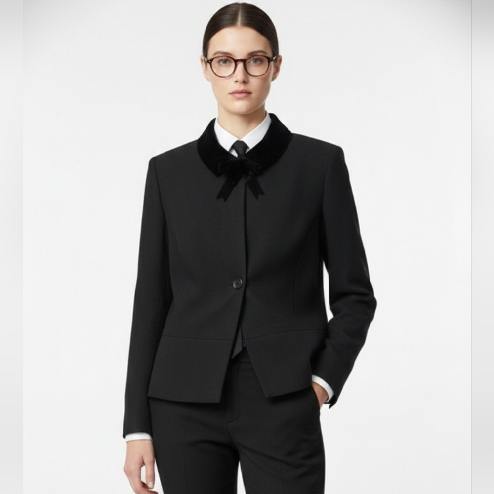 Vintage Kasper Black Velvet Trim Blazer Formal Holiday Office Classic Size 16